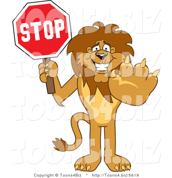 Vector Illustration of a Cartoon Lion Mascot Holding a Stop Sign