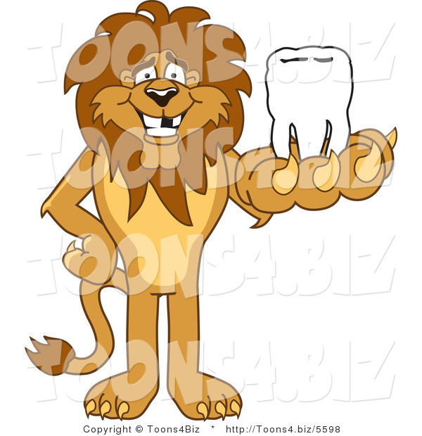 Vector Illustration of a Cartoon Lion Mascot Holding a Tooth