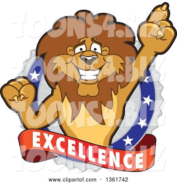 Vector Illustration of a Cartoon Lion Mascot Holding up a Finger on an Excellence Badge