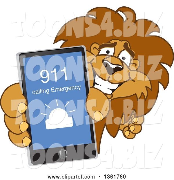 Vector Illustration of a Cartoon Lion Mascot Holding up a Smart Phone and Calling an Emergency Number, Symbolizing Safety