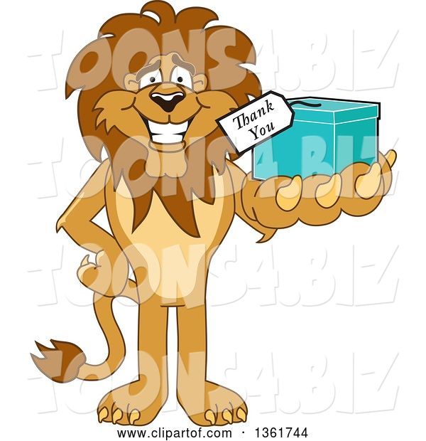 Vector Illustration of a Cartoon Lion Mascot Holding up a Thank You Gift, Symbolizing Gratitude