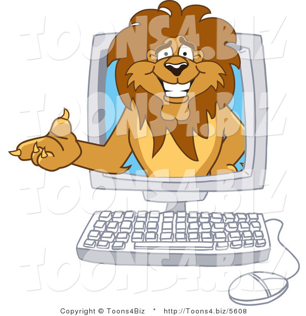 Vector Illustration of a Cartoon Lion Mascot in a Computer