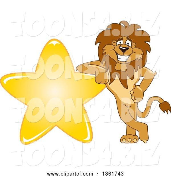 Vector Illustration of a Cartoon Lion Mascot Leaning on a Star, Symbolizing Excellence