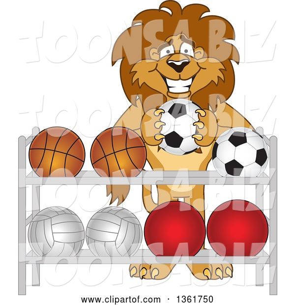 Vector Illustration of a Cartoon Lion Mascot Putting a Soccer Ball Back on a Rack, Symbolizing Respect