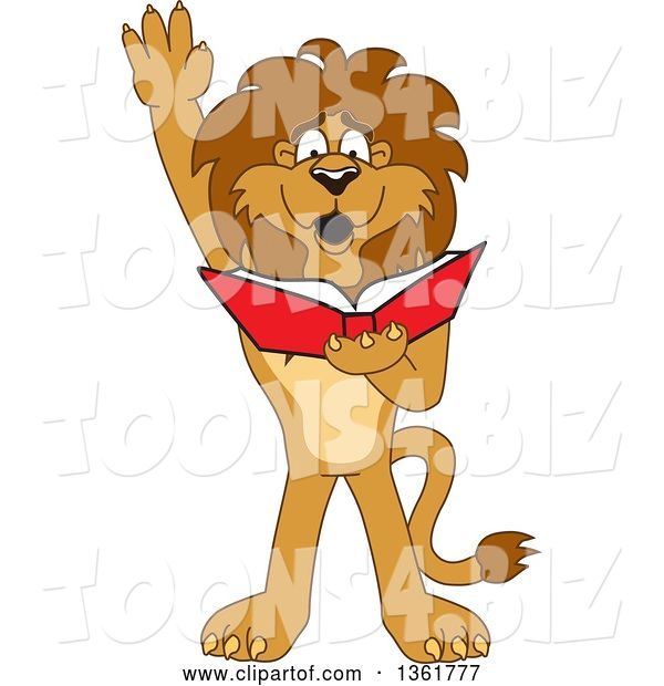 Vector Illustration of a Cartoon Lion Mascot Raising His Hand and Reading a Book, Symbolizing Determination