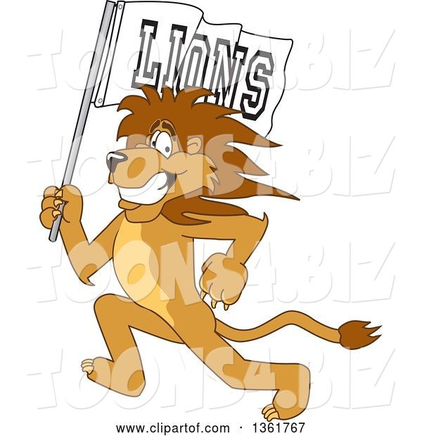 Vector Illustration of a Cartoon Lion Mascot Running with a Team Flag, Symbolizing Pride