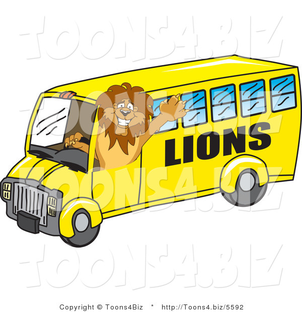 Vector Illustration of a Cartoon Lion Mascot School Bus Driver