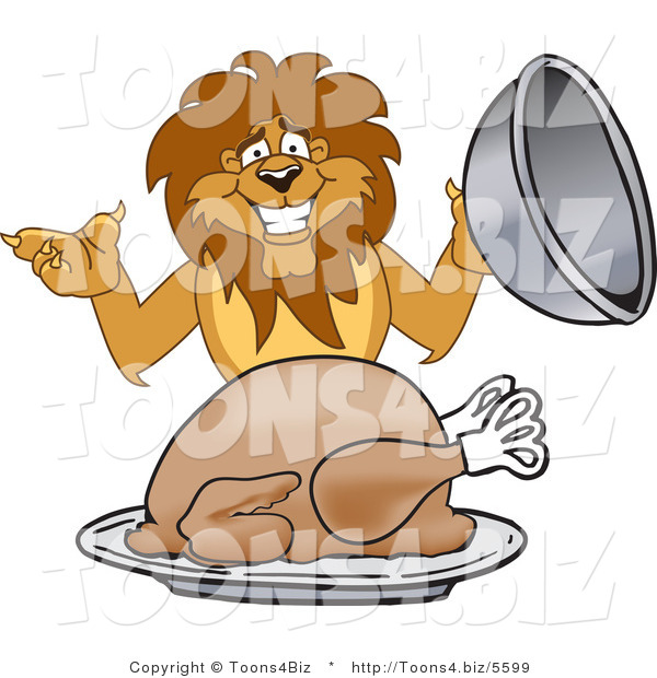 Vector Illustration of a Cartoon Lion Mascot Serving a Turkey