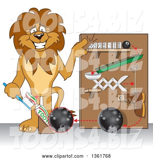 Vector Illustration of a Cartoon Lion Mascot Showing a Toothpaste Dispenser Invention, Symbolizing Being Resourceful