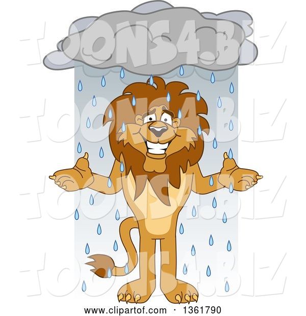 Vector Illustration of a Cartoon Lion Mascot Shrugging in the Rain, Symbolizing Acceptance