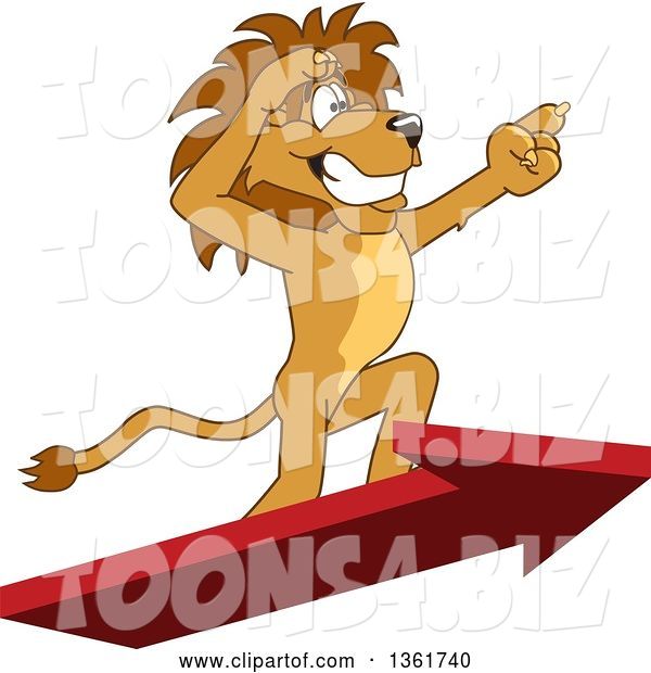 Vector Illustration of a Cartoon Lion Mascot Standing on an Arrow and Pointing, Symbolizing Leadership