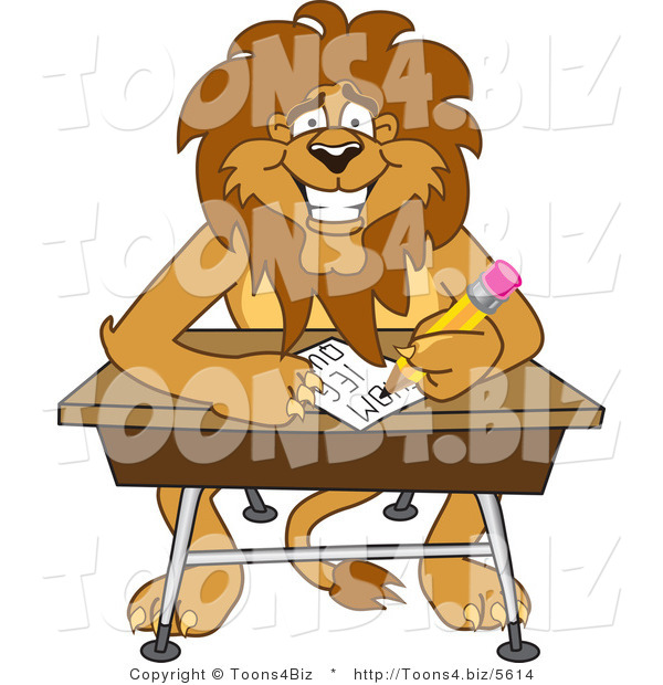 Vector Illustration of a Cartoon Lion Mascot Taking a Quiz