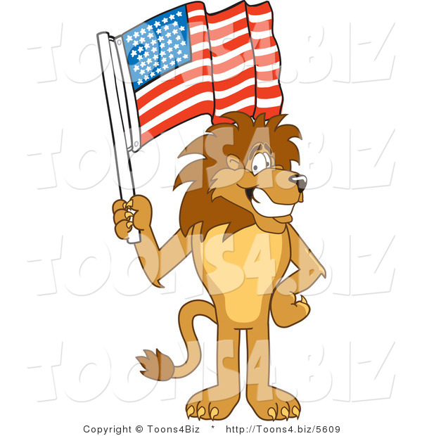 Vector Illustration of a Cartoon Lion Mascot Waving an American Flag