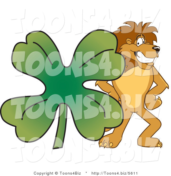 Vector Illustration of a Cartoon Lion Mascot with a Clover