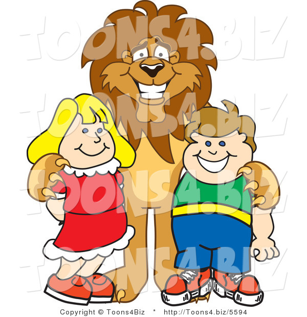 Vector Illustration of a Cartoon Lion Mascot with Students