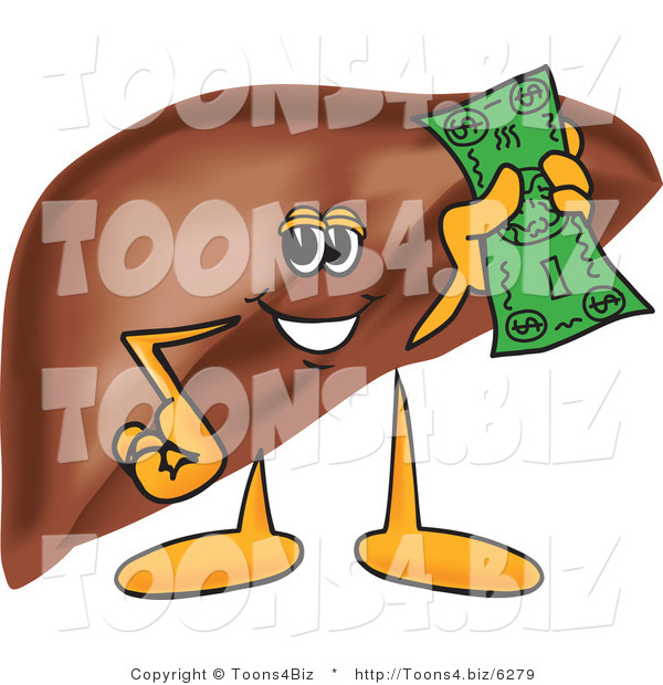 Vector Illustration of a Cartoon Liver Mascot Holding Cash