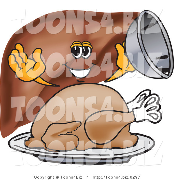 Vector Illustration of a Cartoon Liver Mascot Serving a Thanksgiving Turkey