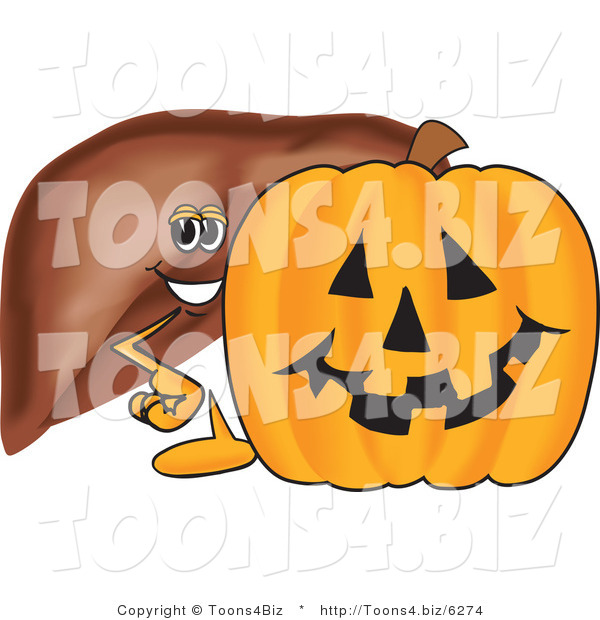 Vector Illustration of a Cartoon Liver Mascot with a Halloween Pumpkin