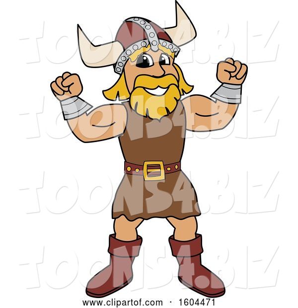 Vector Illustration of a Cartoon Male Viking School Mascot Flexing His Muscles