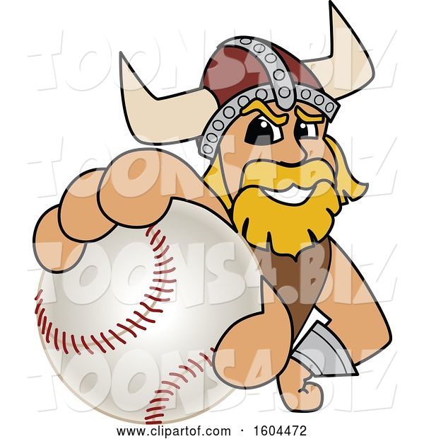 Vector Illustration of a Cartoon Male Viking School Mascot Grabbing a Baseball
