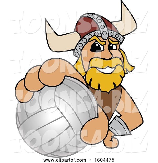 Vector Illustration of a Cartoon Male Viking School Mascot Grabbing a Volleyball