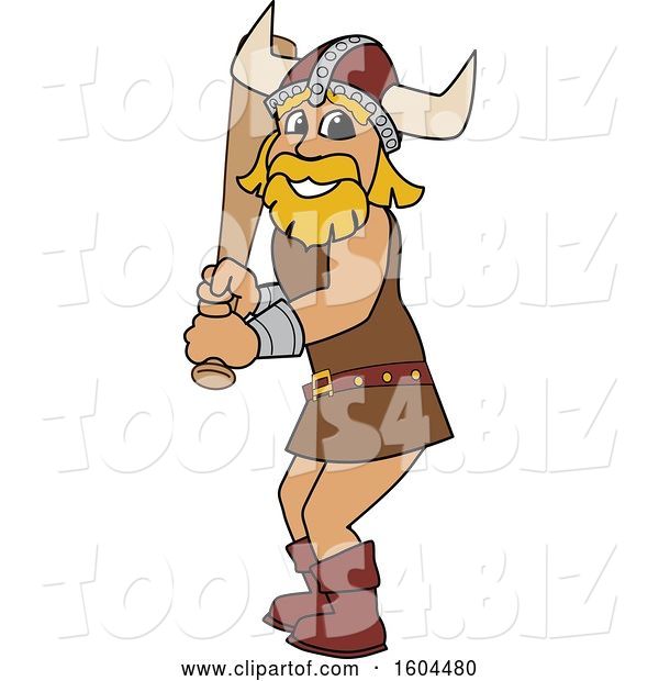 Vector Illustration of a Cartoon Male Viking School Mascot Holding a Baseball Bat