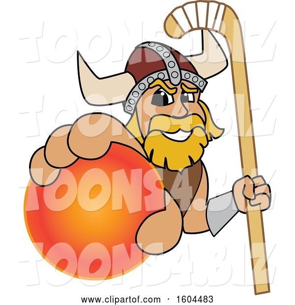 Vector Illustration of a Cartoon Male Viking School Mascot Holding a Hockey Ball and Stick