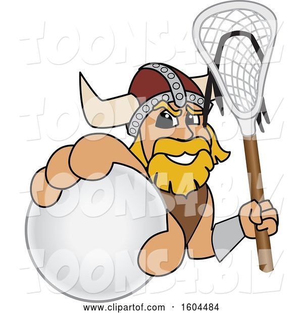 Vector Illustration of a Cartoon Male Viking School Mascot Holding a Lacrosse Ball and Stick