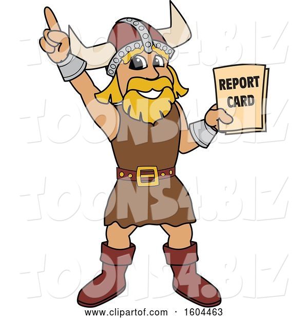 Vector Illustration of a Cartoon Male Viking School Mascot Holding a Report Card