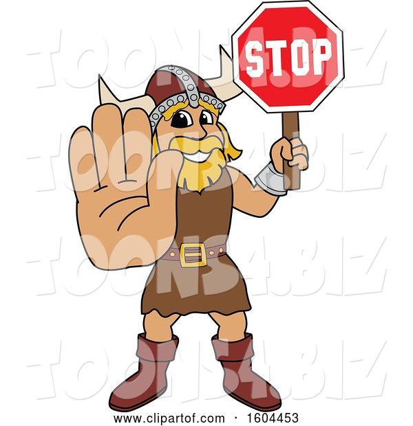 Vector Illustration of a Cartoon Male Viking School Mascot Holding a Stop Sign