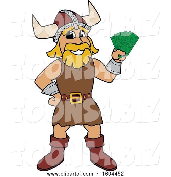 Vector Illustration of a Cartoon Male Viking School Mascot Holding Cash Money