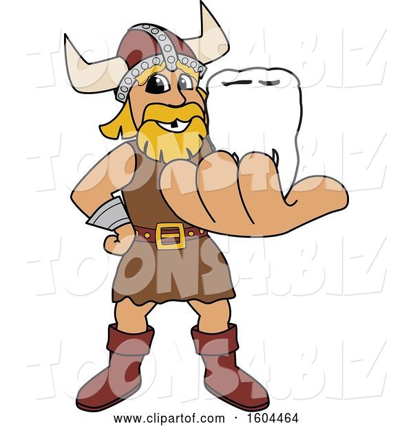 Vector Illustration of a Cartoon Male Viking School Mascot Holding out a Tooth