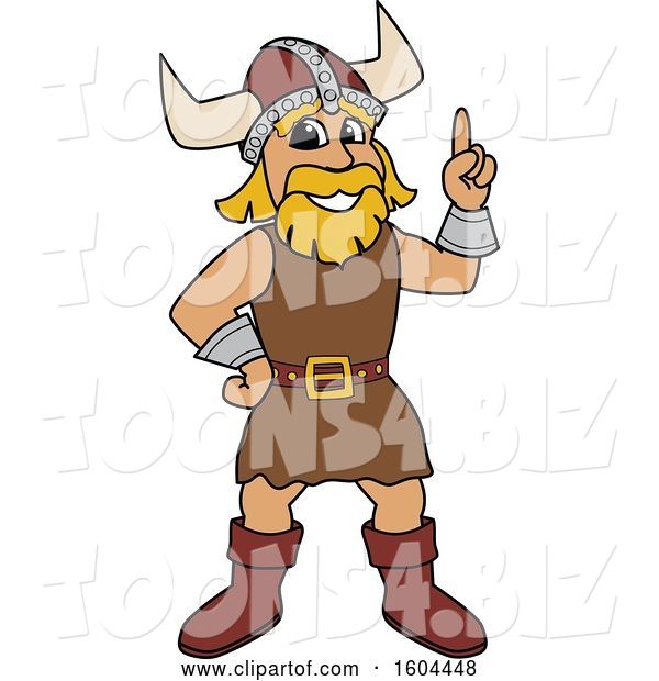 Vector Illustration of a Cartoon Male Viking School Mascot Holding up a Finger