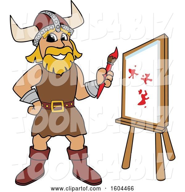 Vector Illustration of a Cartoon Male Viking School Mascot Painting a Canvas