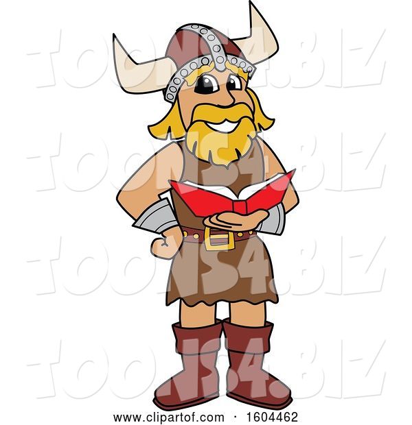 Vector Illustration of a Cartoon Male Viking School Mascot Reading a Book