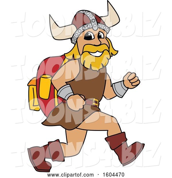 Vector Illustration of a Cartoon Male Viking School Mascot Running with a Backpack