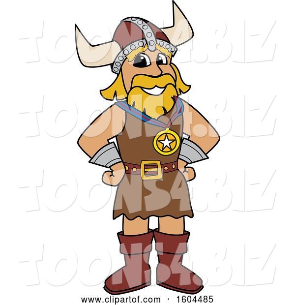 Vector Illustration of a Cartoon Male Viking School Mascot Wearing a Sports Medal