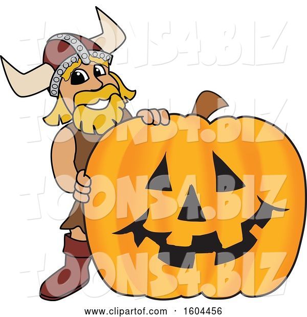 Vector Illustration of a Cartoon Male Viking School Mascot with a Halloween Pumpkin