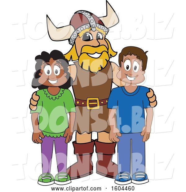 Vector Illustration of a Cartoon Male Viking School Mascot with Students