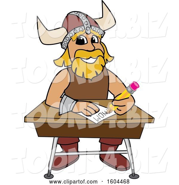 Vector Illustration of a Cartoon Male Viking School Mascot Writing at a Desk