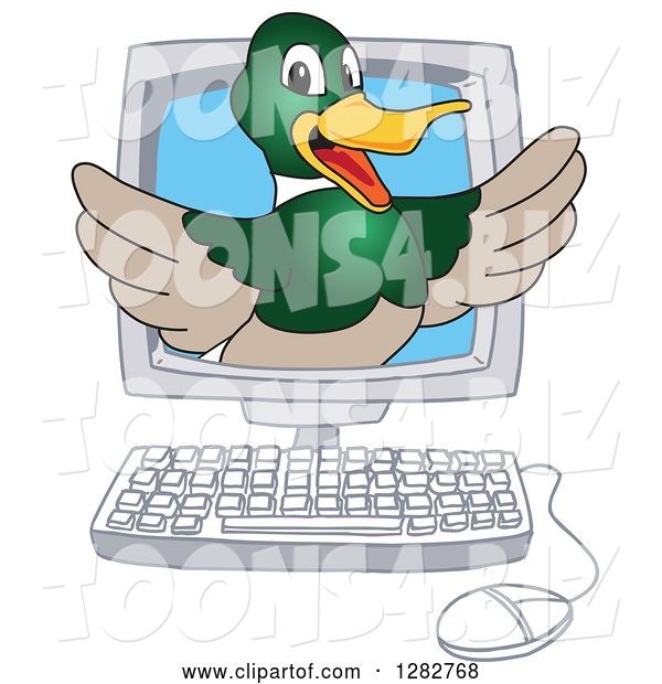 Vector Illustration of a Cartoon Mallard Duck School Mascot Emerging from a Desktop Computer Screen