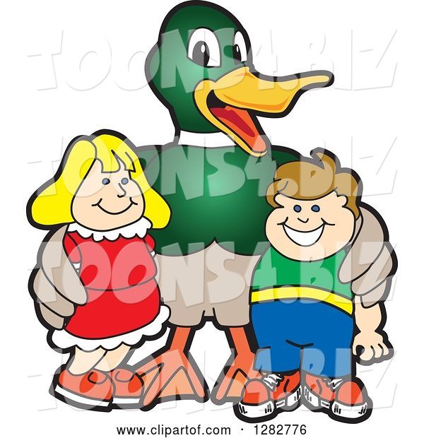 Vector Illustration of a Cartoon Mallard Duck School Mascot Posing with Students