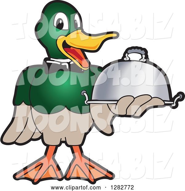 Vector Illustration of a Cartoon Mallard Duck School Mascot Waiter Holding a Cloche Platter