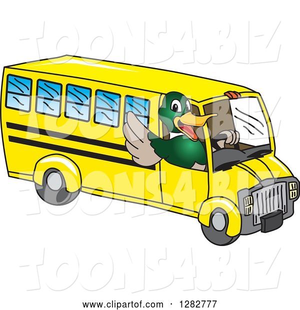 Vector Illustration of a Cartoon Mallard Duck School Mascot Waving and Driving a Bus