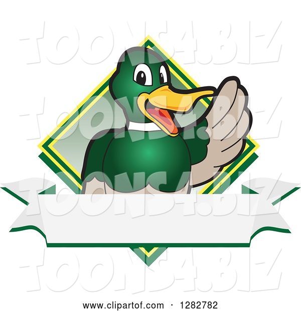 Vector Illustration of a Cartoon Mallard Duck School Mascot Waving over a Blank Banner and Diamond