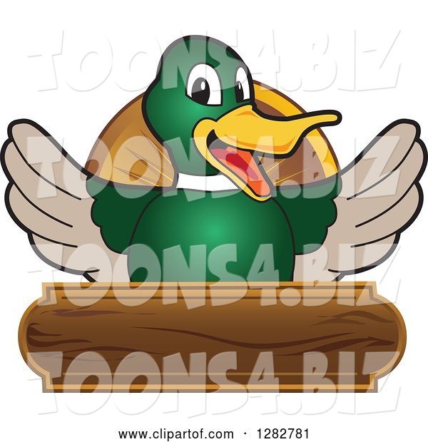 Vector Illustration of a Cartoon Mallard Duck School Mascot Welcoming over a Wooden Sign
