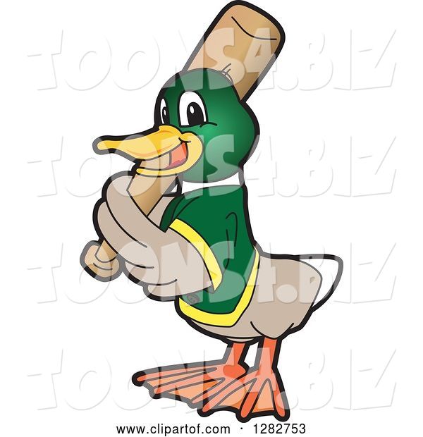 Vector Illustration of a Cartoon Mallard Duck School Sports Mascot Baseball Player Batting