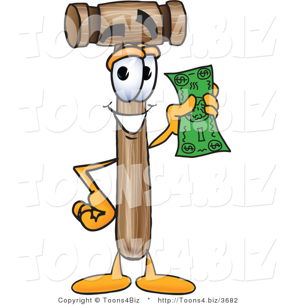 Vector Illustration of a Cartoon Mallet Mascot Holding a Dollar Bill