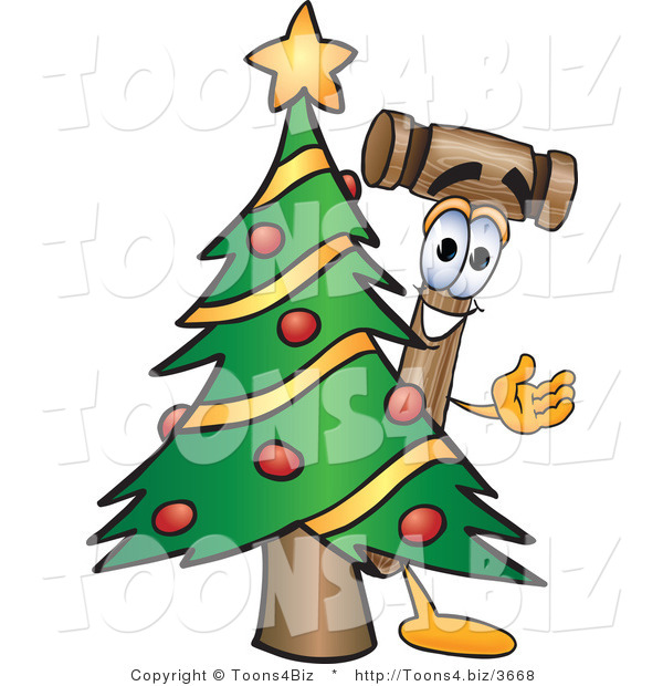 Vector Illustration of a Cartoon Mallet Mascot Waving and Standing by a Decorated Christmas Tree