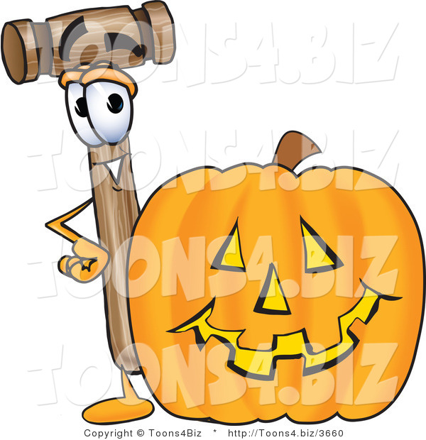 Vector Illustration of a Cartoon Mallet Mascot with a Carved Halloween Pumpkin